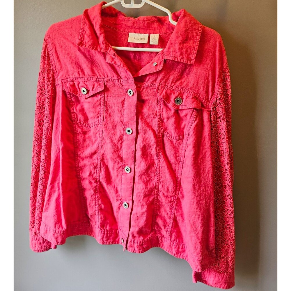 Chico’s Pink Cotton Button Front Jacket Womens 2 Collared Pockets Long Sleeve